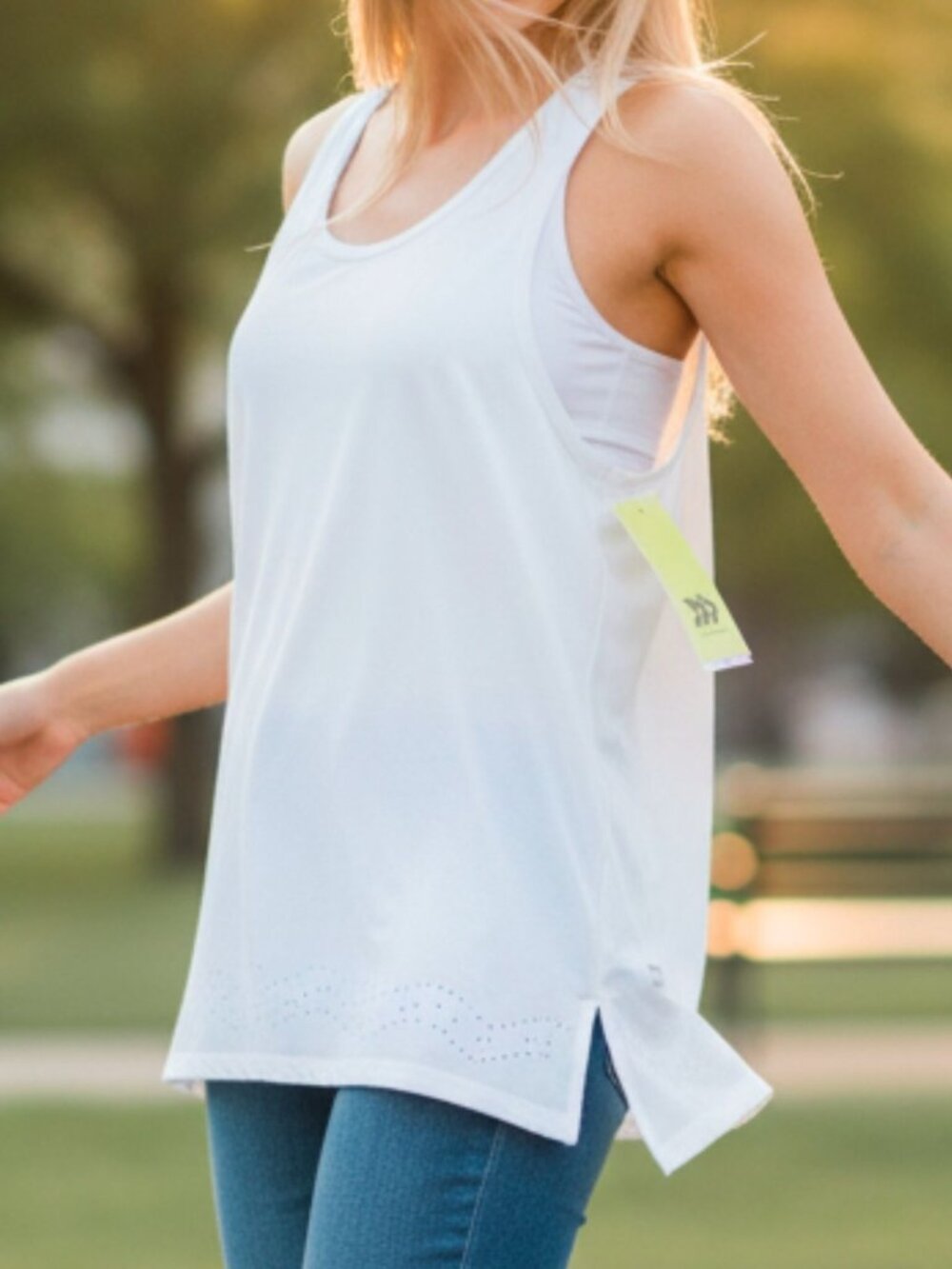 Loose-Fit White Racerback Tank Top With Laser-Cut Hem Detailing Lightweight Fabr
